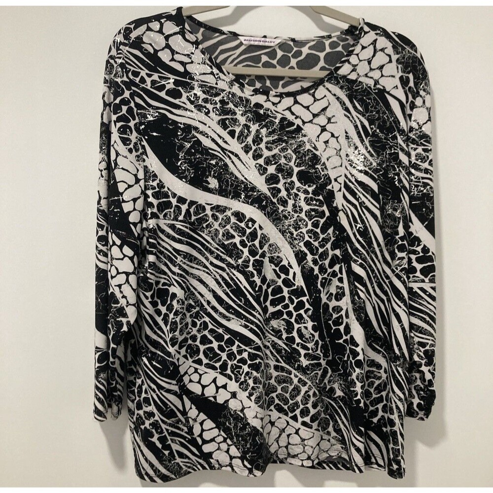 Allison Daley Zebra Animal Print Top Black & White Metallic Detail Size XL